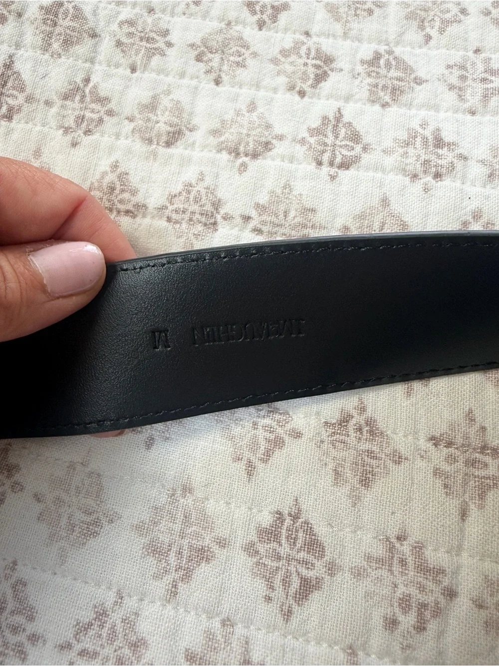 J. McLaughlin Black Croc-Embossed Leather Belt with Gold Buckles